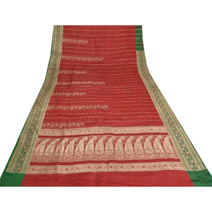 Sanskriti Vintage Red/Green Sarees Pure Satin Silk Brocade/Banarasi Sari Sustainable Fabric