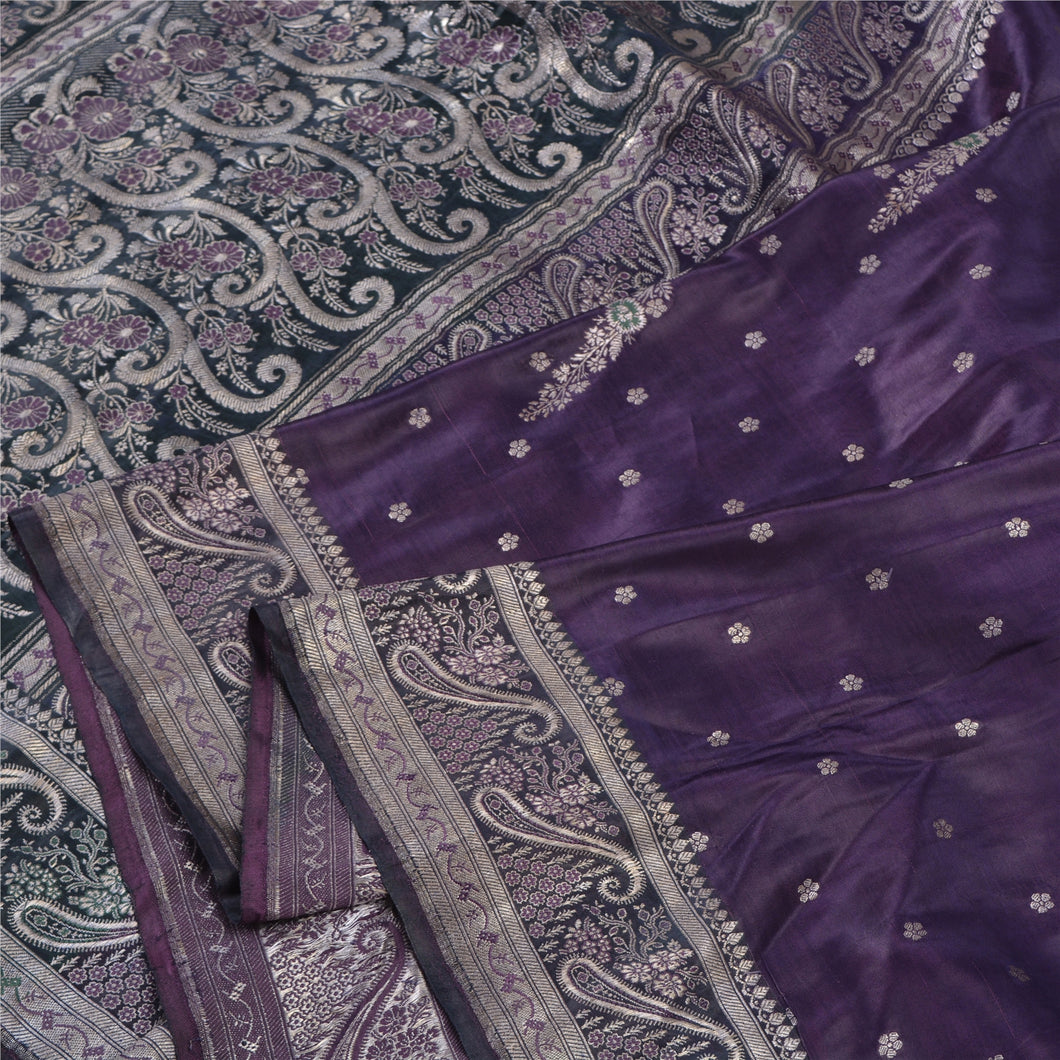 Sanskriti Vintage Purple Sarees Pure Satin Silk Brocade/Banarasi Sari Fabric