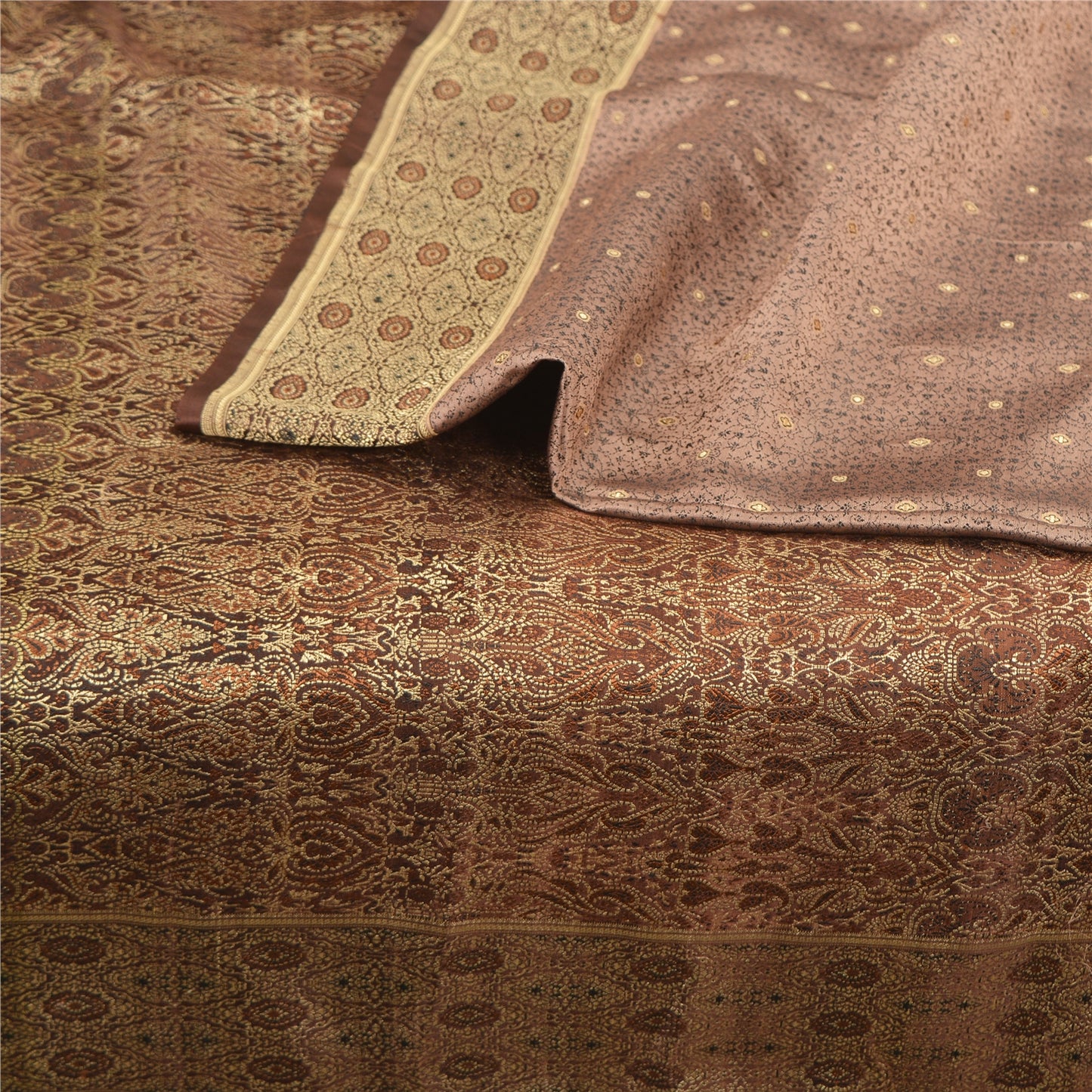 Sanskriti Vintage Brown Indian Sarees Pure Satin Silk Woven Sari Premium Sustainable Fabric