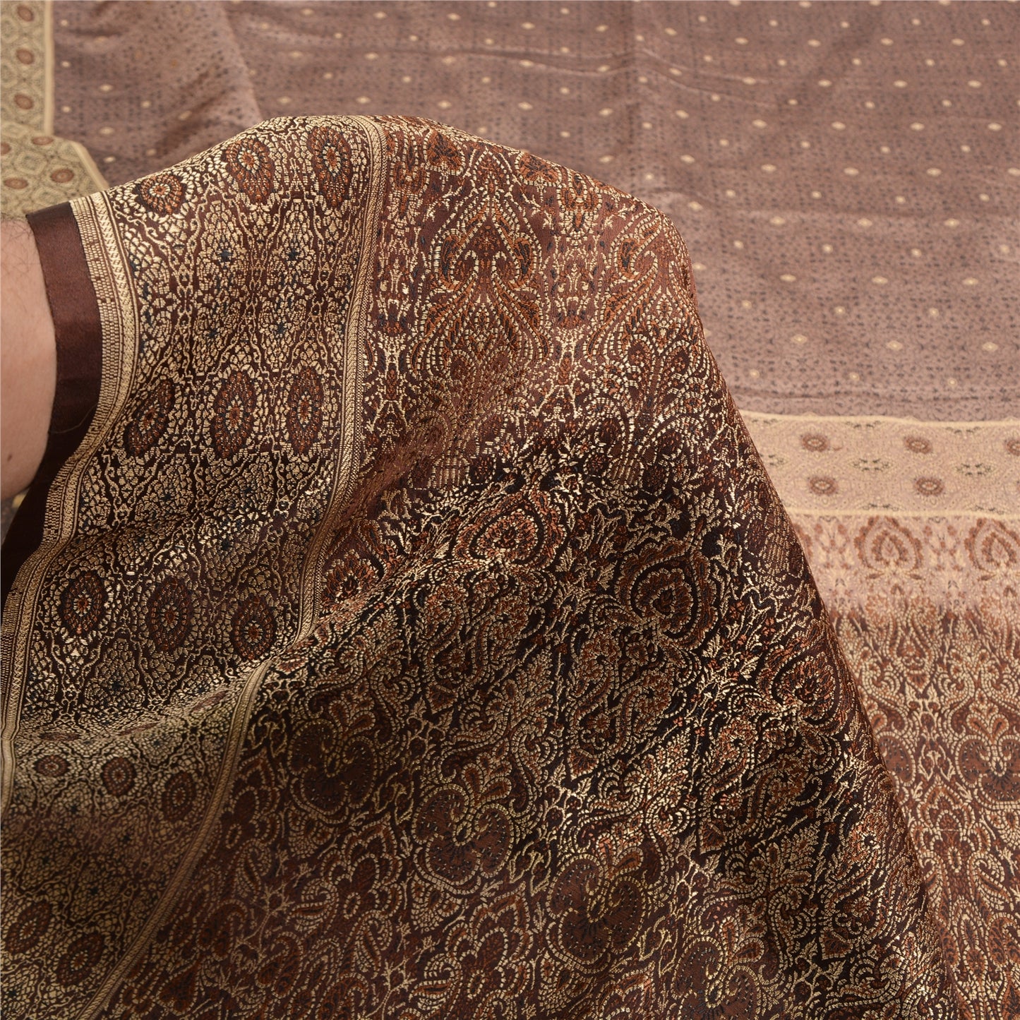 Sanskriti Vintage Brown Indian Sarees Pure Satin Silk Woven Sari Premium Sustainable Fabric