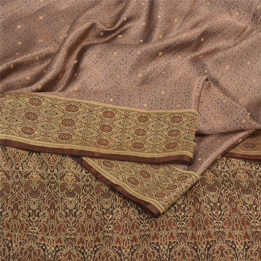 Sanskriti Vintage Brown Indian Sarees Pure Satin Silk Woven Sari Premium Sustainable Fabric