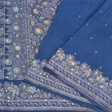 Load image into Gallery viewer, Sanskriti Vintage Blue Sarees Pure Satin Silk Hand Beaded Brocade Sari Fabric
