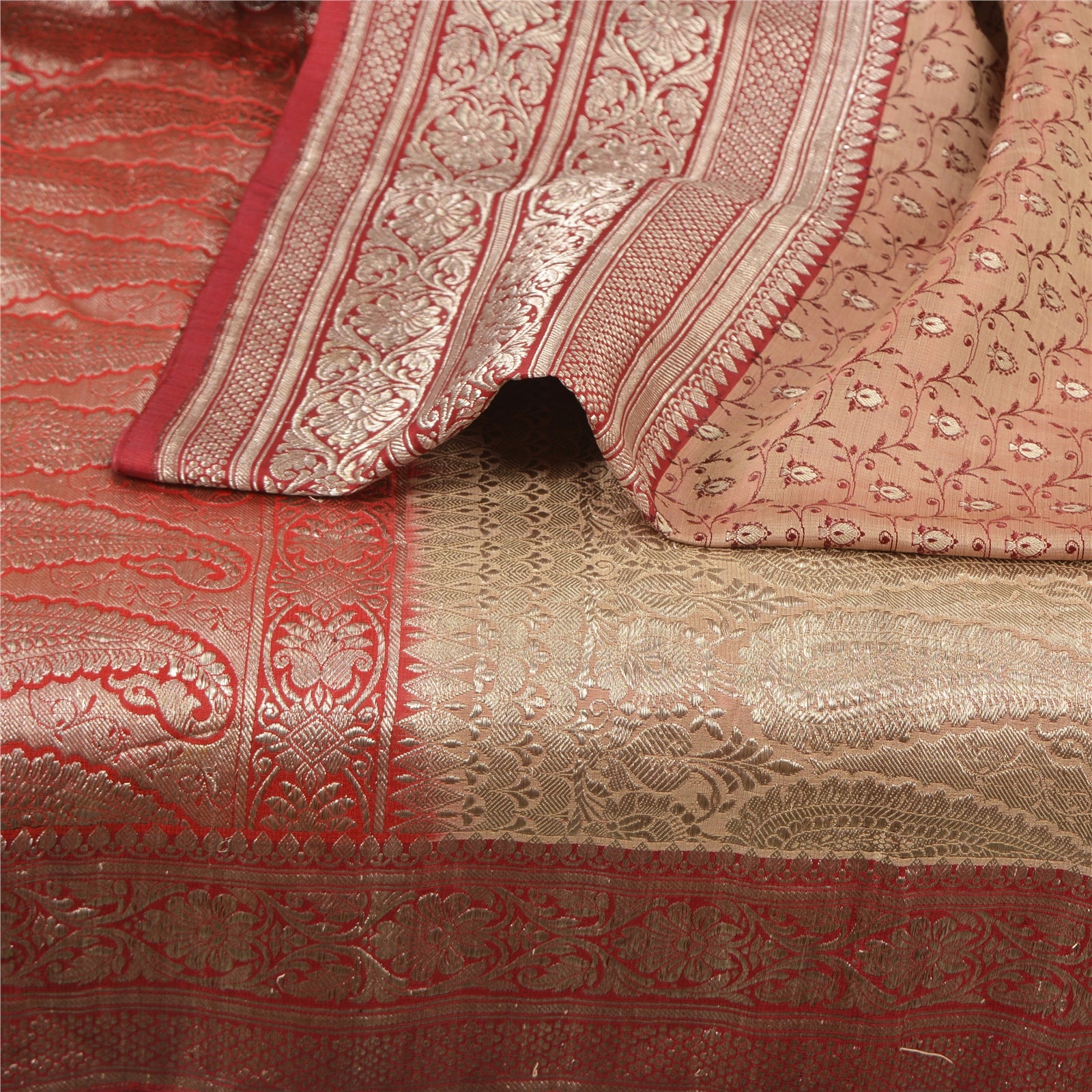 Sanskriti Vintage Red Banarasi Saree Pure Satin Silk Handwoven Zari Brocade Sari