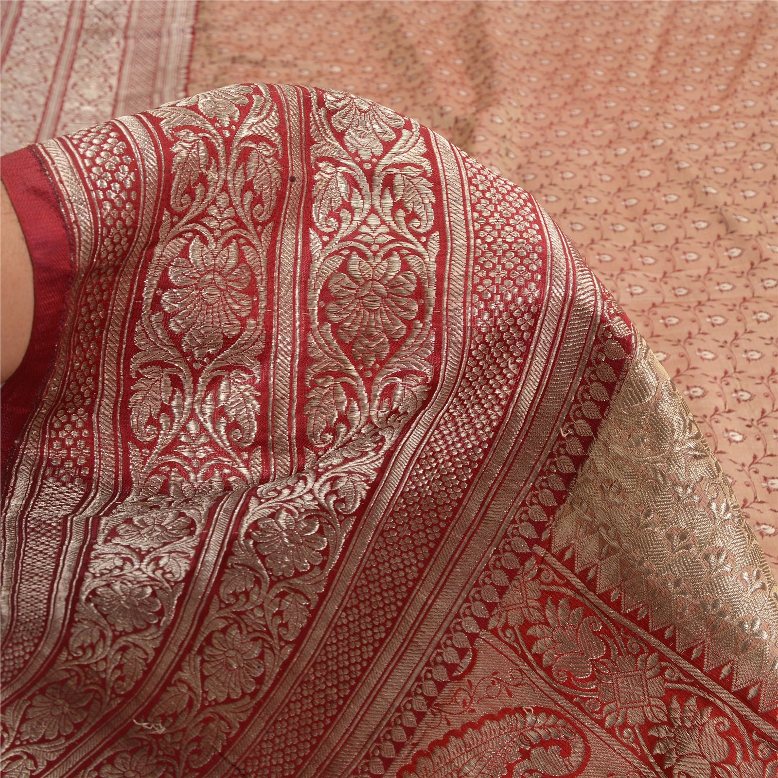 Sanskriti Vintage Red Banarasi Saree Pure Satin Silk Handwoven Zari Brocade Sari