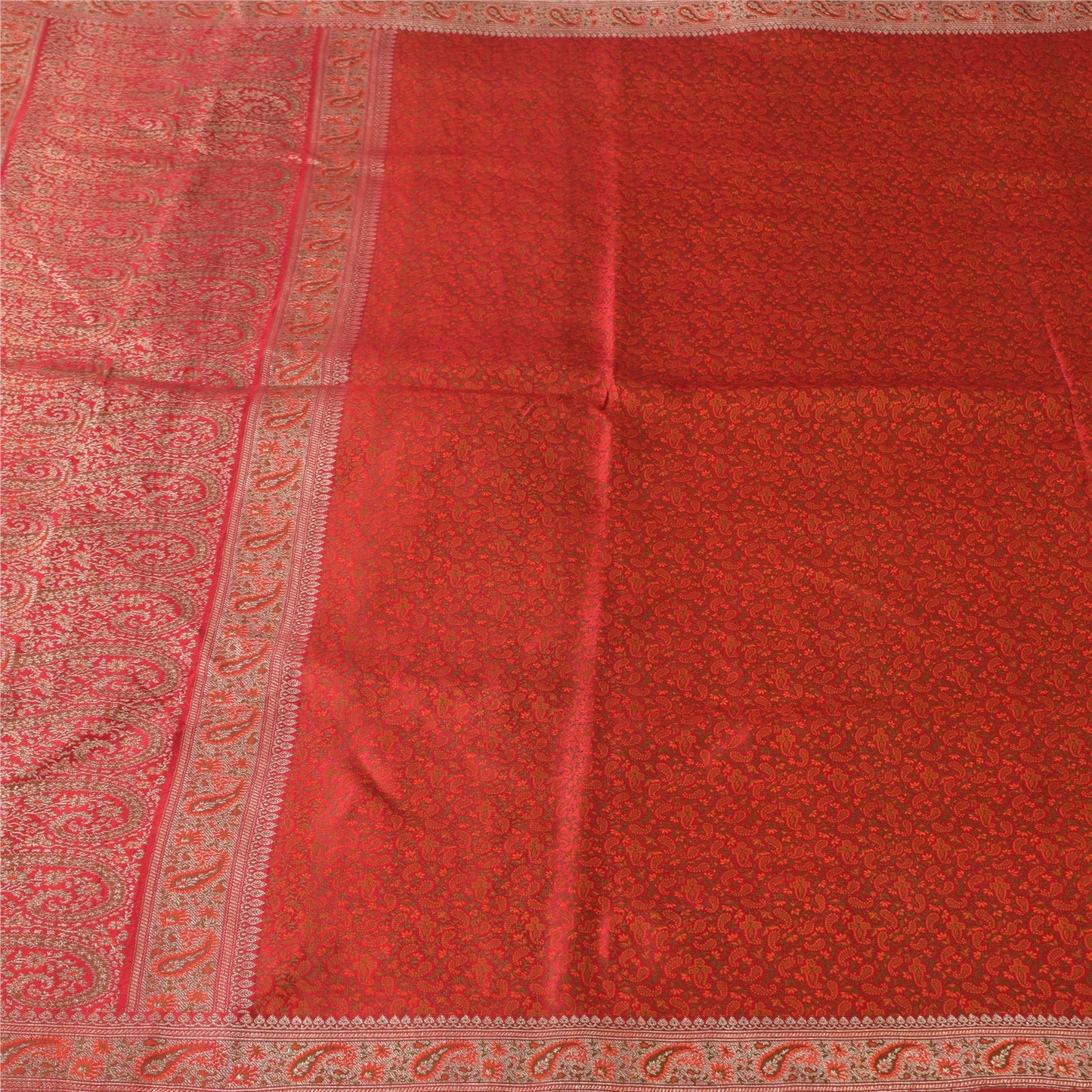 Sanskriti Vintage Sarees Orange Brocade/Banarasi ZariWoven Pure Silk Sari Fabric