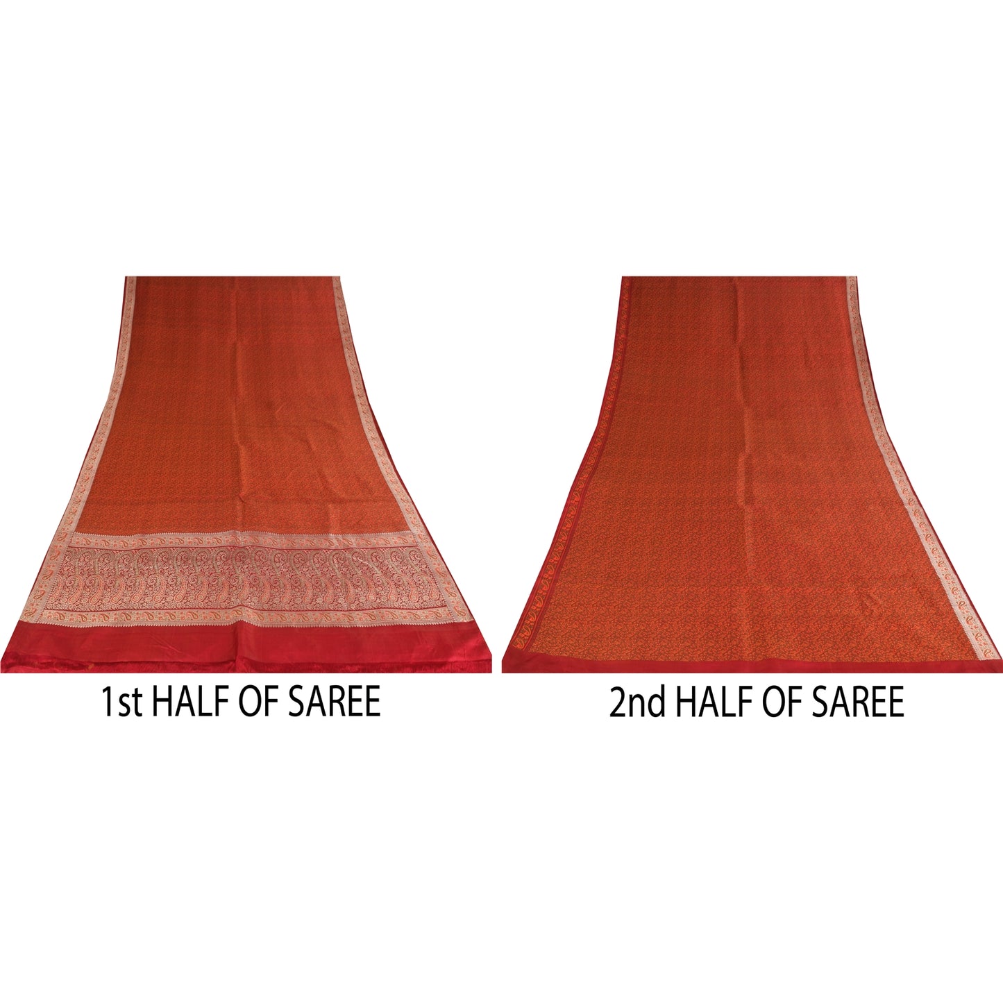 Sanskriti Vintage Sarees Orange Brocade/Banarasi ZariWoven Pure Silk Sari Fabric