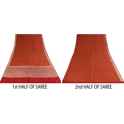 Sanskriti Vintage Sarees Orange Brocade/Banarasi ZariWoven Pure Silk Sari Fabric