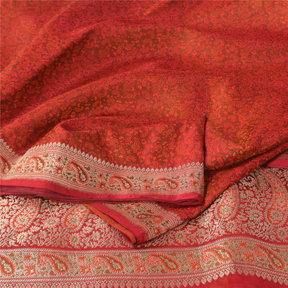 Sanskriti Vintage Sarees Orange Brocade/Banarasi ZariWoven Pure Silk Sari Fabric