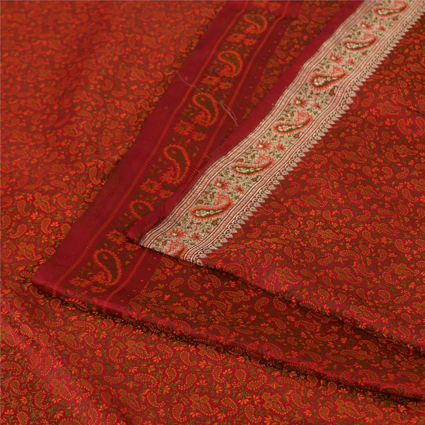 Sanskriti Vintage Sarees Orange Brocade/Banarasi ZariWoven Pure Silk Sari Fabric