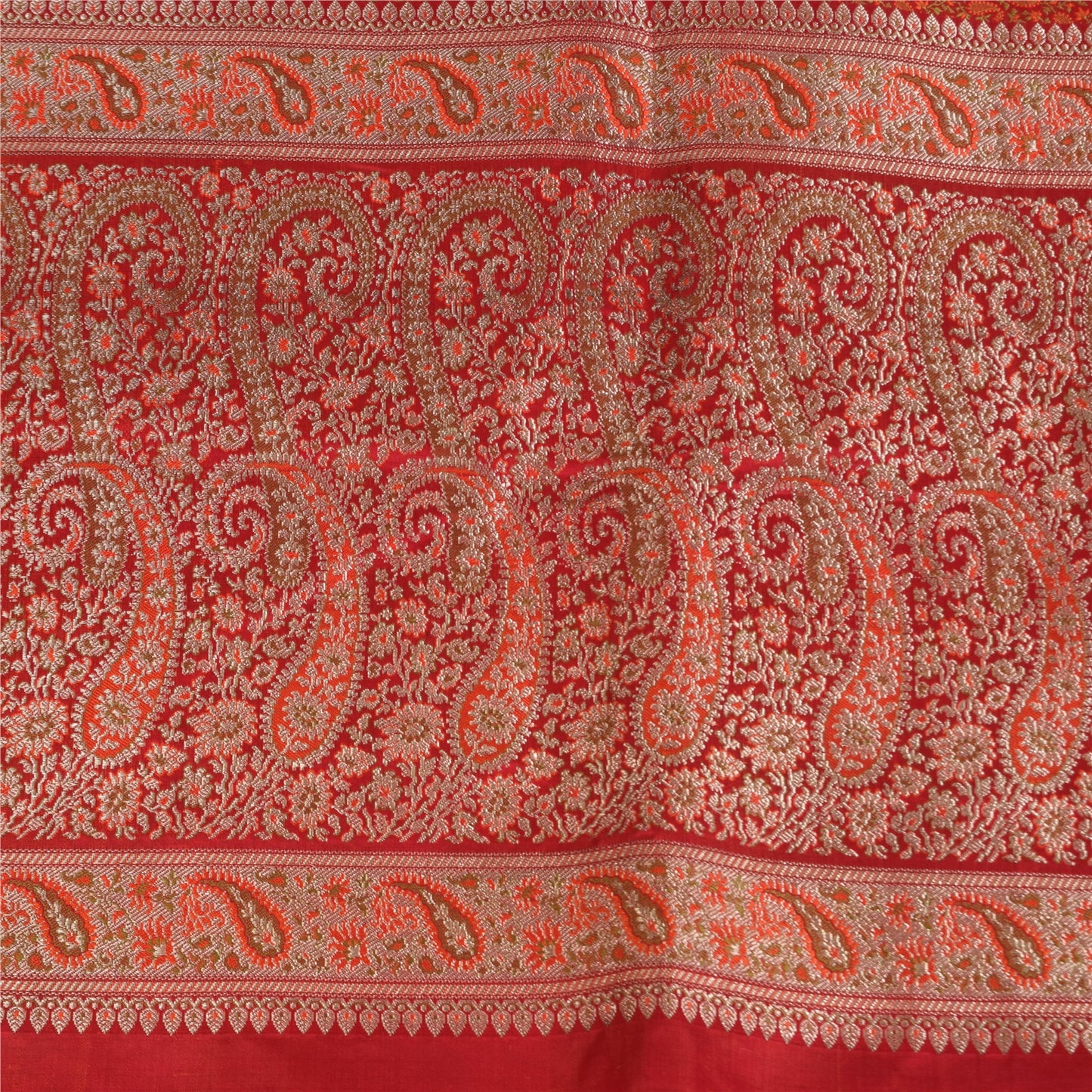 Sanskriti Vintage Sarees Orange Brocade/Banarasi ZariWoven Pure Silk Sari Fabric