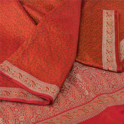 Sanskriti Vintage Sarees Orange Brocade/Banarasi ZariWoven Pure Silk Sari Fabric