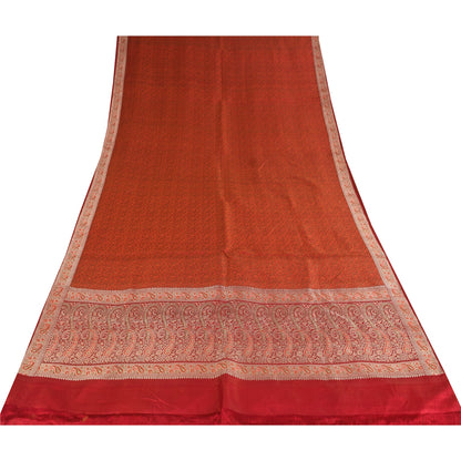 Sanskriti Vintage Sarees Orange Brocade/Banarasi ZariWoven Pure Silk Sari Fabric