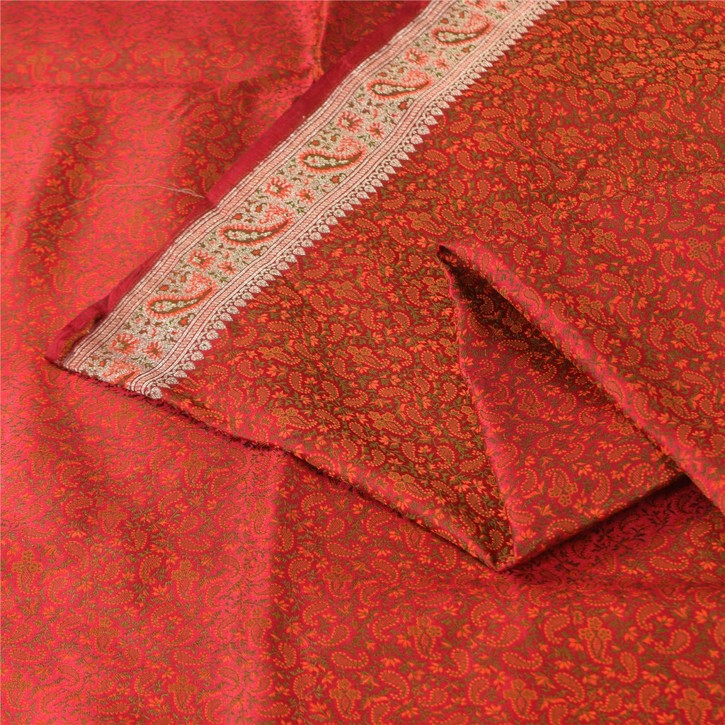 Sanskriti Vintage Sarees Orange Brocade/Banarasi ZariWoven Pure Silk Sari Fabric