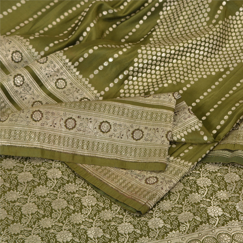Sanskriti Vintage Sarees Green BrocadeBanarasi Zari Woven Pure Satin Sari Sustainable Fabric