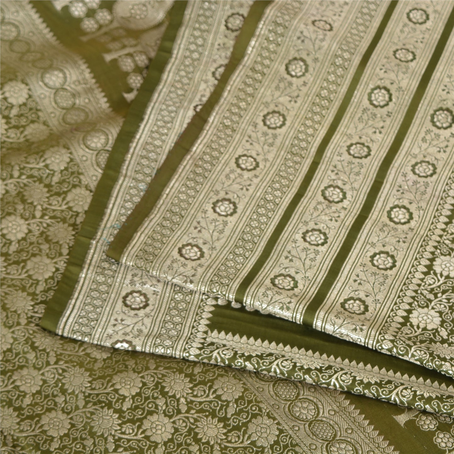 Sanskriti Vintage Sarees Green BrocadeBanarasi Zari Woven Pure Satin Sari Sustainable Fabric