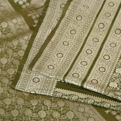Sanskriti Vintage Sarees Green BrocadeBanarasi Zari Woven Pure Satin Sari Sustainable Fabric
