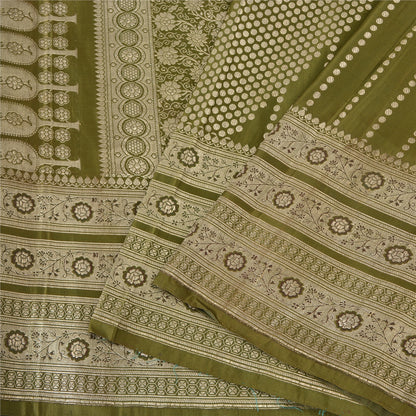 Sanskriti Vintage Sarees Green BrocadeBanarasi Zari Woven Pure Satin Sari Sustainable Fabric