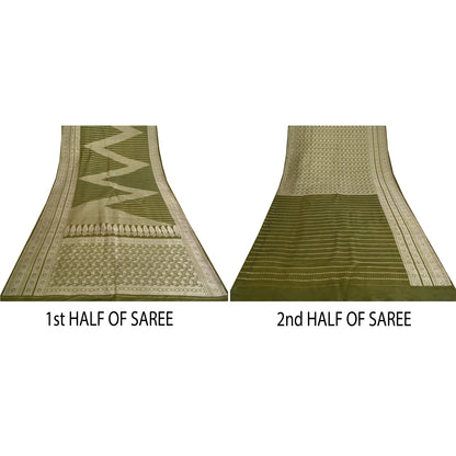 Sanskriti Vintage Sarees Green BrocadeBanarasi Zari Woven Pure Satin Sari Sustainable Fabric