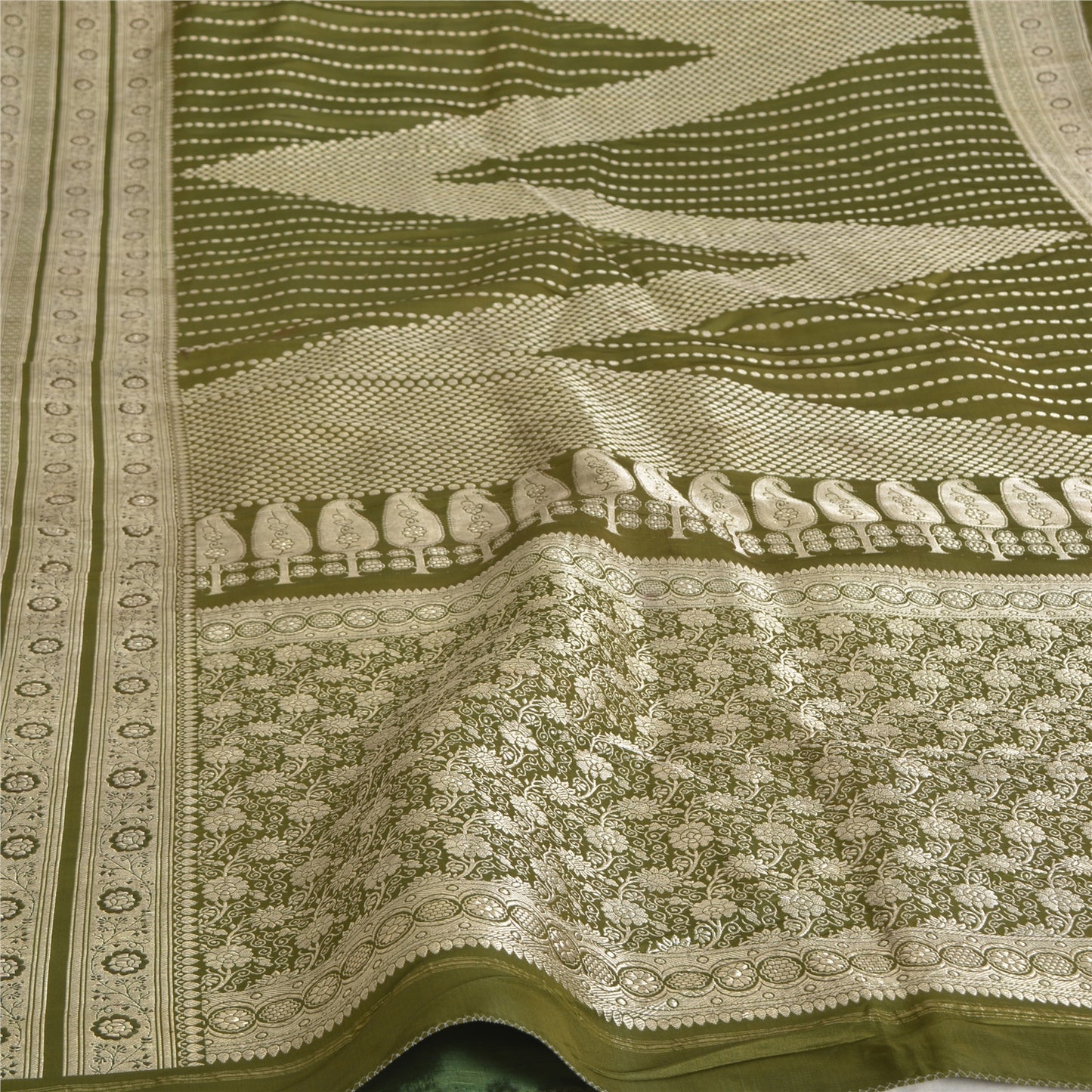 Sanskriti Vintage Sarees Green BrocadeBanarasi Zari Woven Pure Satin Sari Sustainable Fabric