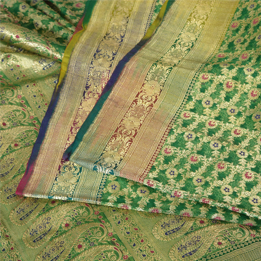 Sanskriti Vintage Sarees Green Brocade/Banarasi Zari Woven Pure Silk Sari Sustainable Fabric