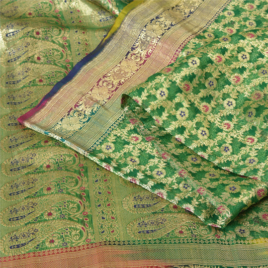 Sanskriti Vintage Sarees Green Brocade/Banarasi Zari Woven Pure Silk Sari Sustainable Fabric