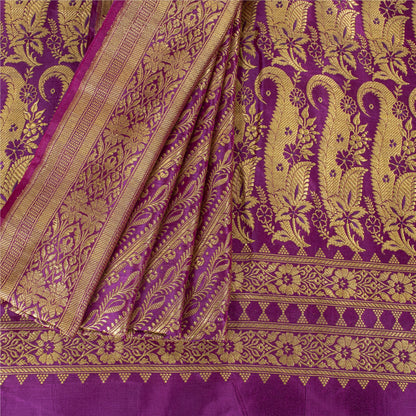 Sanskriti Vintage Sarees Purple Brocade/Banarasi ZariWoven PureSatin Sari Fabric