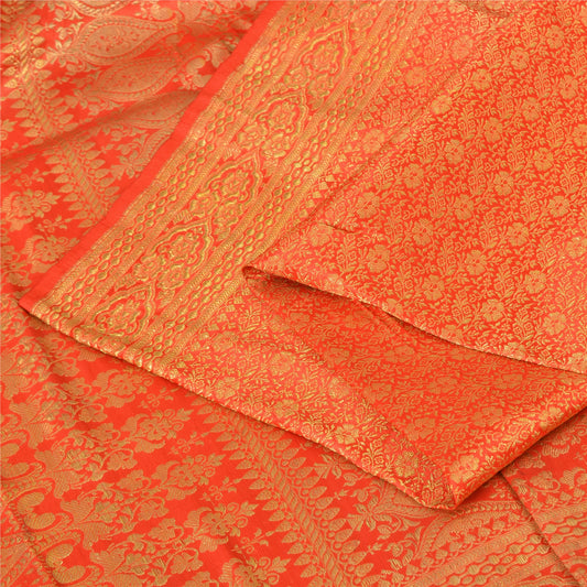 Sanskriti Vintage Sarees Orange Brocade/Banarasi ZariWoven PureSatin Sari Sustainable Fabric