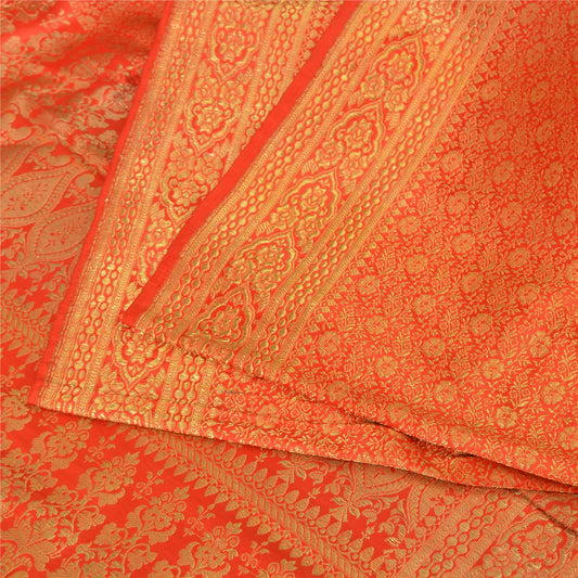 Sanskriti Vintage Sarees Orange Brocade/Banarasi ZariWoven PureSatin Sari Sustainable Fabric