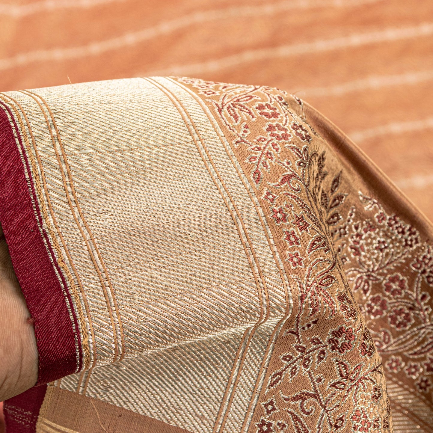 Sanskriti Vintage Dark Peach Sarees Pure Satin Silk Banarasi Brocade Craft Sari