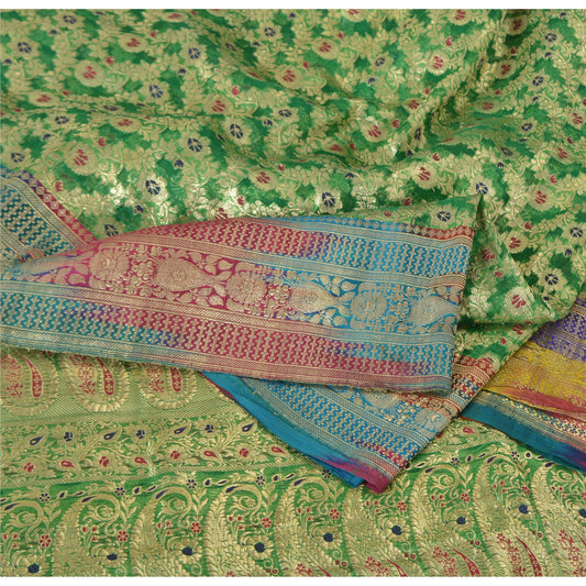 Sanskriti Vintage Green Sarees Pure Silk Banarasi/Brocade Hand Woven Sari 5yd