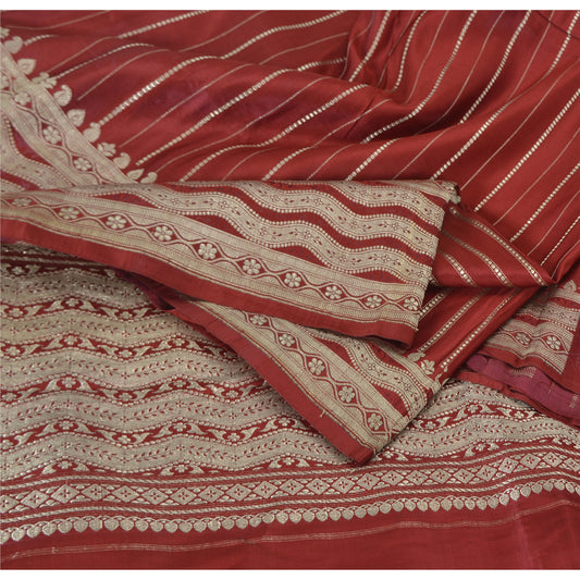 Sanskriti Vintage Red Sarees Pure Silk Brocade/Banarasi Woven Sari Craft Sustainable Fabric