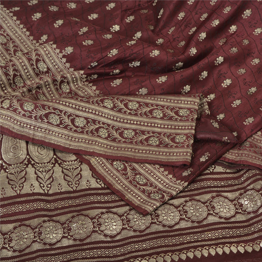 Sanskriti Vintage Burgundy Sarees Pure Silk Brocade Hand Woven Sari Craft Sustainable Fabric