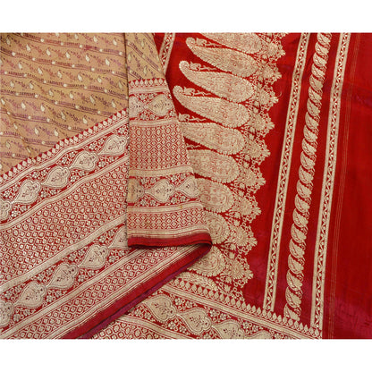 Sanskriti Vintage Red Sarees Pure Satin Silk Banarasi Brocade 5Yd Fabric Sari