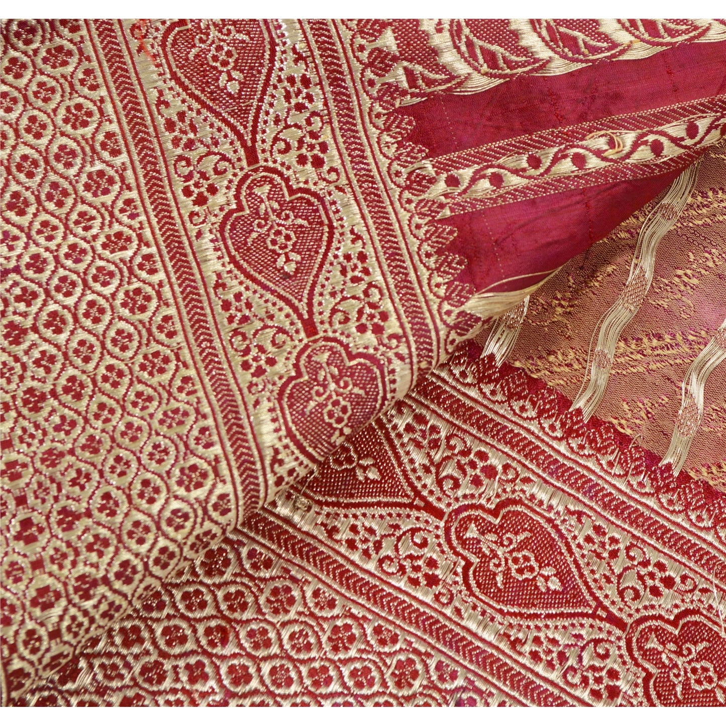 Sanskriti Vintage Red Sarees Pure Satin Silk Banarasi Brocade 5Yd Fabric Sari