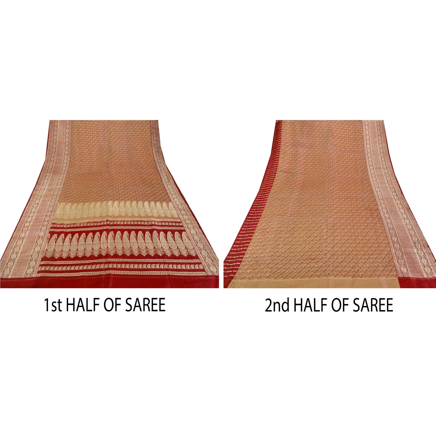 Sanskriti Vintage Red Sarees Pure Satin Silk Banarasi Brocade 5Yd Fabric Sari