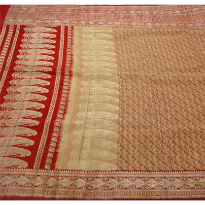 Sanskriti Vintage Red Sarees Pure Satin Silk Banarasi Brocade 5Yd Fabric Sari