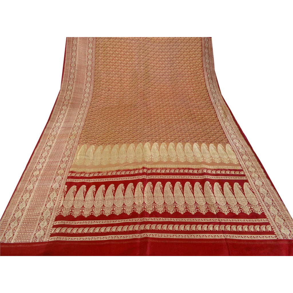 Sanskriti Vintage Red Sarees Pure Satin Silk Banarasi Brocade 5Yd Fabric Sari