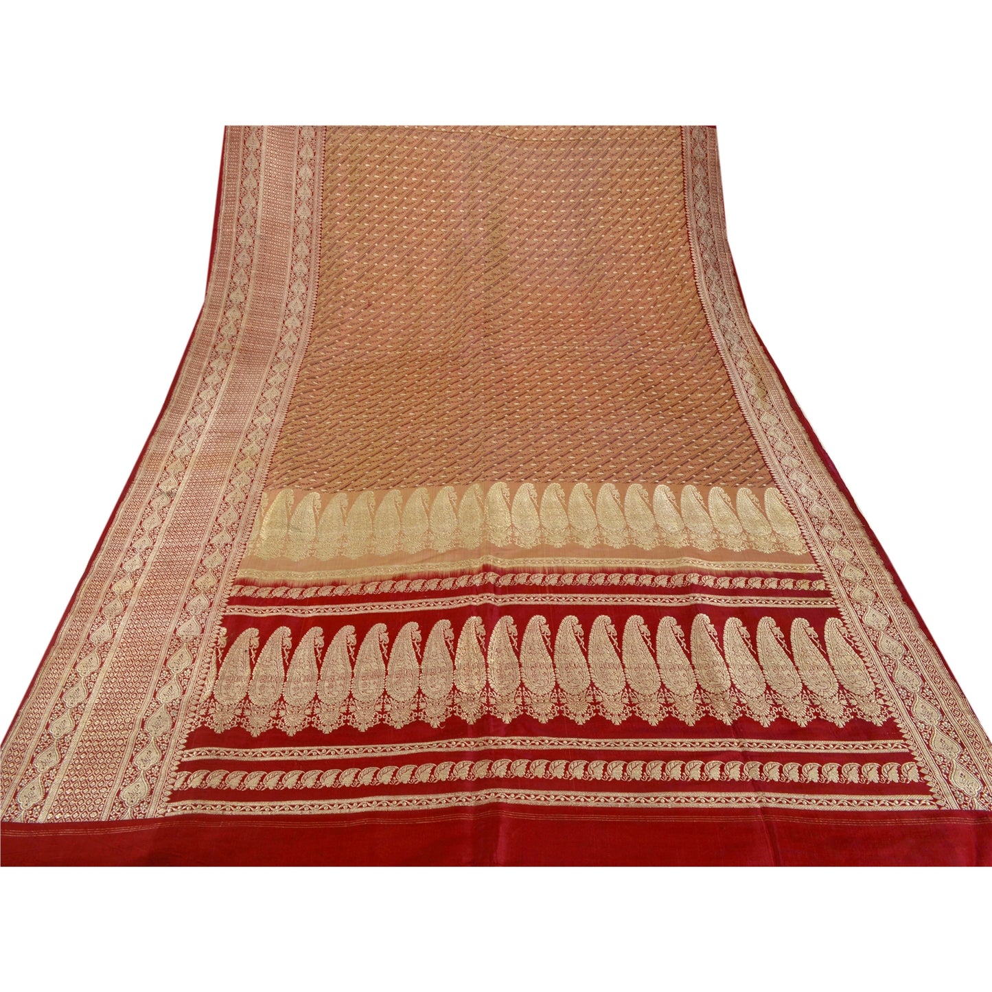 Sanskriti Vintage Red Sarees Pure Satin Silk Banarasi Brocade 5Yd Fabric Sari