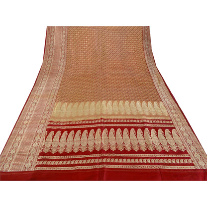 Sanskriti Vintage Red Sarees Pure Satin Silk Banarasi Brocade 5Yd Fabric Sari