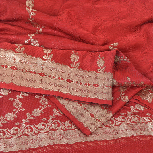 Sanskriti Vintage Red Sarees Pure Satin Silk Brocade/Banarasi Woven Sari Sustainable Fabric