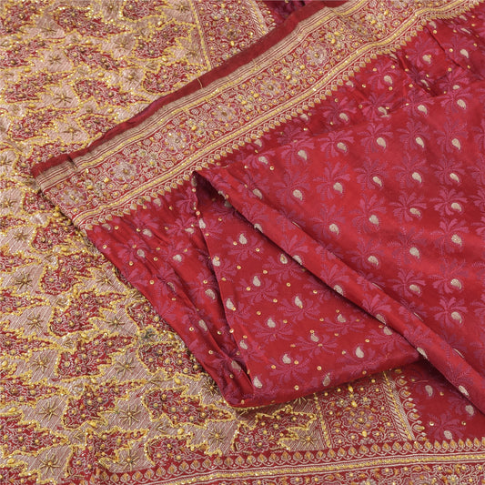 Sanskriti Vintage Red Sarees Pure Satin Silk Brocade Hand Beaded Sari 5yd Sustainable Fabric