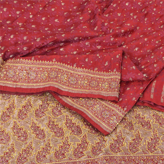 Sanskriti Vintage Red Sarees Pure Satin Silk Brocade Hand Beaded Sari 5yd Sustainable Fabric