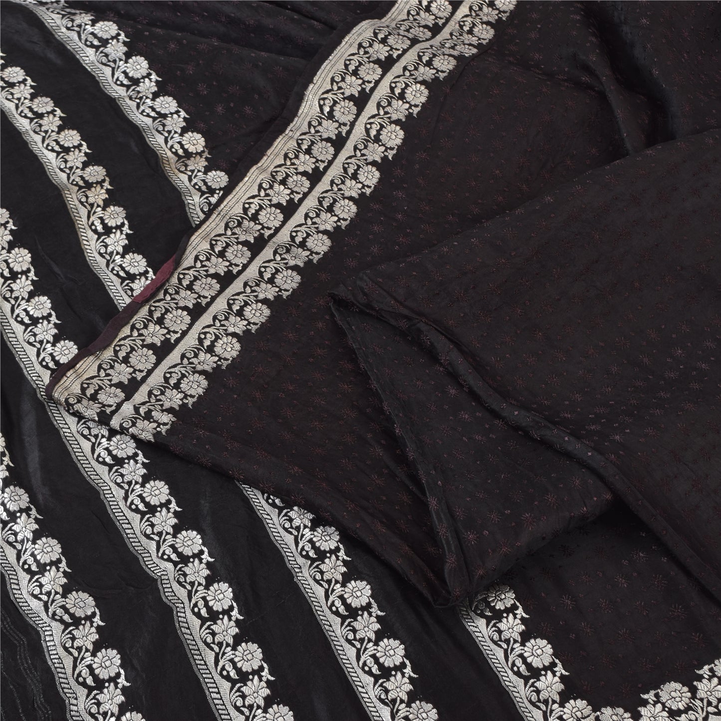 Sanskriti Vintage Black Sarees Pure Satin Silk Banarasi Woven Sari Craft Sustainable Fabric