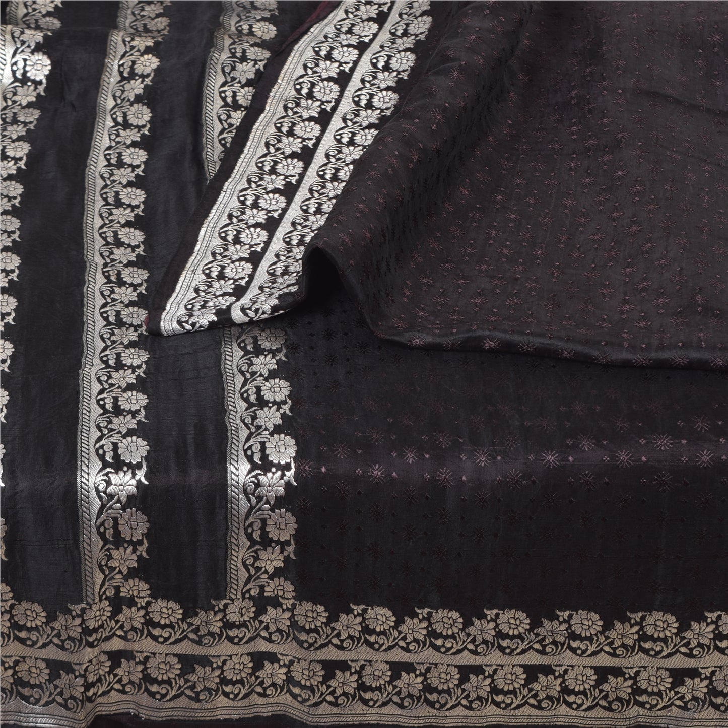 Sanskriti Vintage Black Sarees Pure Satin Silk Banarasi Woven Sari Craft Sustainable Fabric