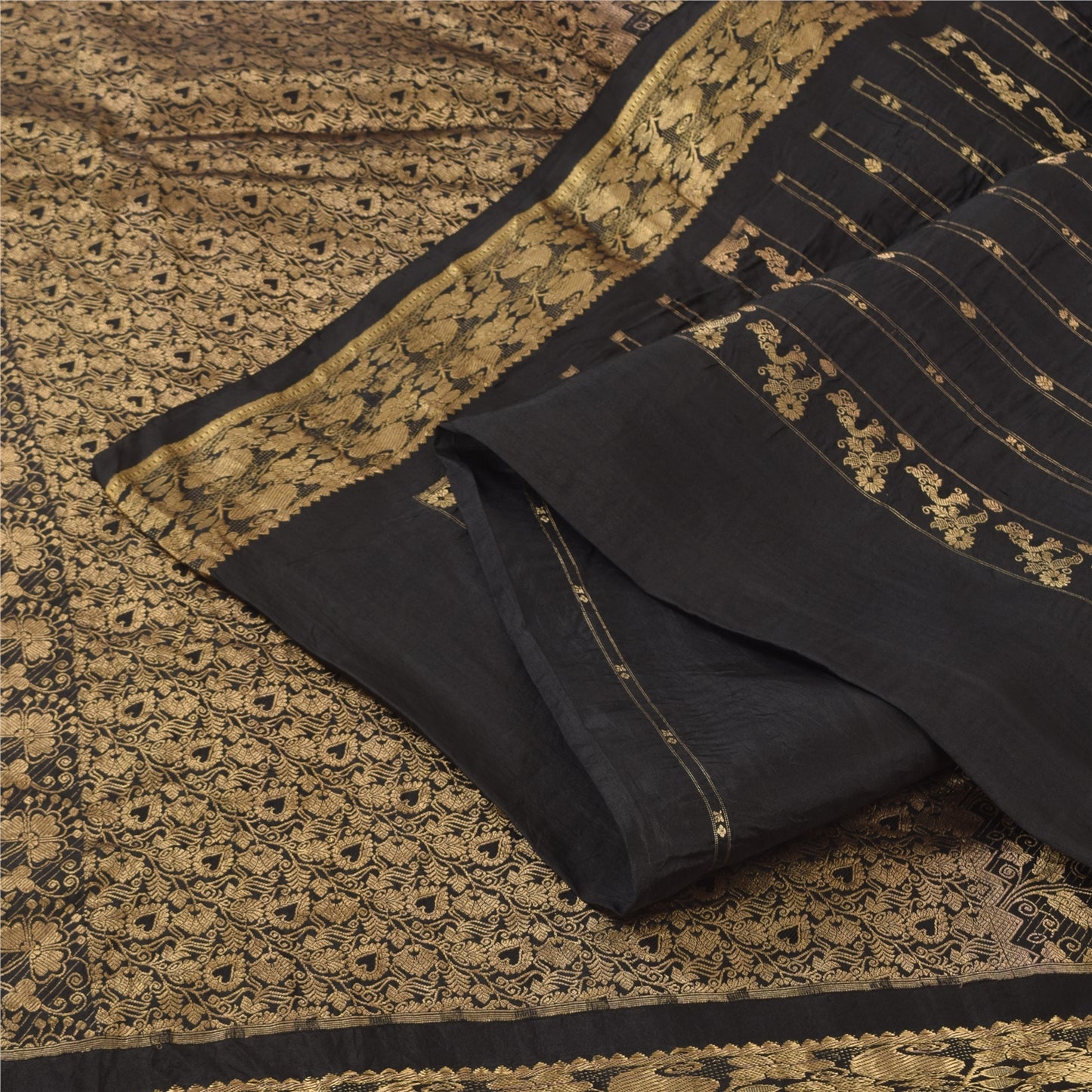Sanskriti Vintage Indian Black Sarees Pure Silk Woven Brocade Sari Craft Sustainable Fabric