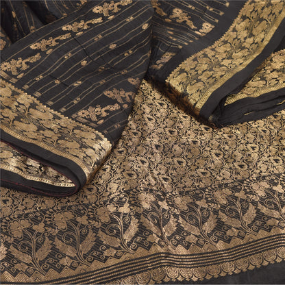 Sanskriti Vintage Indian Black Sarees Pure Silk Woven Brocade Sari Craft Sustainable Fabric
