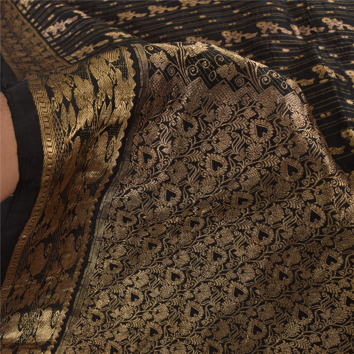 Sanskriti Vintage Indian Black Sarees Pure Silk Woven Brocade Sari Craft Sustainable Fabric