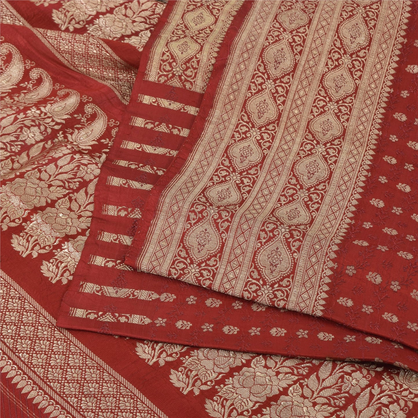 Sanskriti Vintage Red Sarees Pure Silk Brocade/Banarasi Woven Sari Craft Fabric