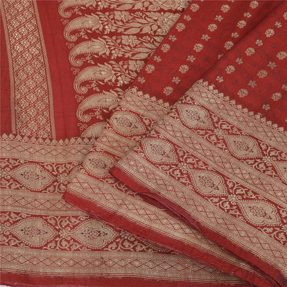 Sanskriti Vintage Red Sarees Pure Silk Brocade/Banarasi Woven Sari Craft Fabric