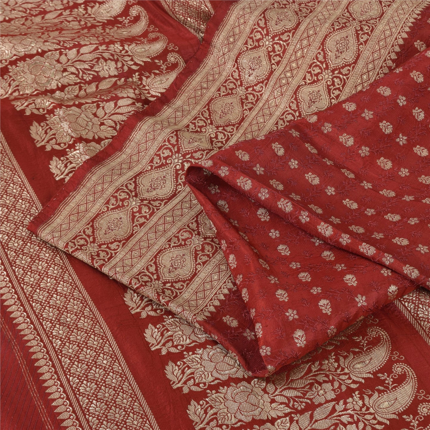 Sanskriti Vintage Red Sarees Pure Silk Brocade/Banarasi Woven Sari Craft Fabric